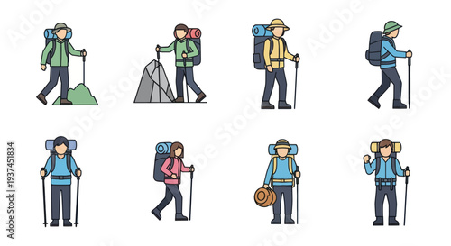 Set of diverse hikers with backpacks and trekking poles in various walking and standing poses, outdoor adventure and travel concept illustration
