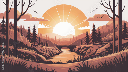 Picturesque Mountain Valley Landscape at Sunrise with a River and Bridge, Warm Tones