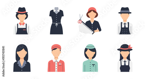 Set of vector hotel staff and uniform illustrations including receptionist, maid, bellboy, and seamstress icons suitable for hospitality and service industry design