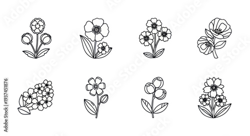 Simple black and white floral line art icons with various flower designs for creative projects and decorative illustrations