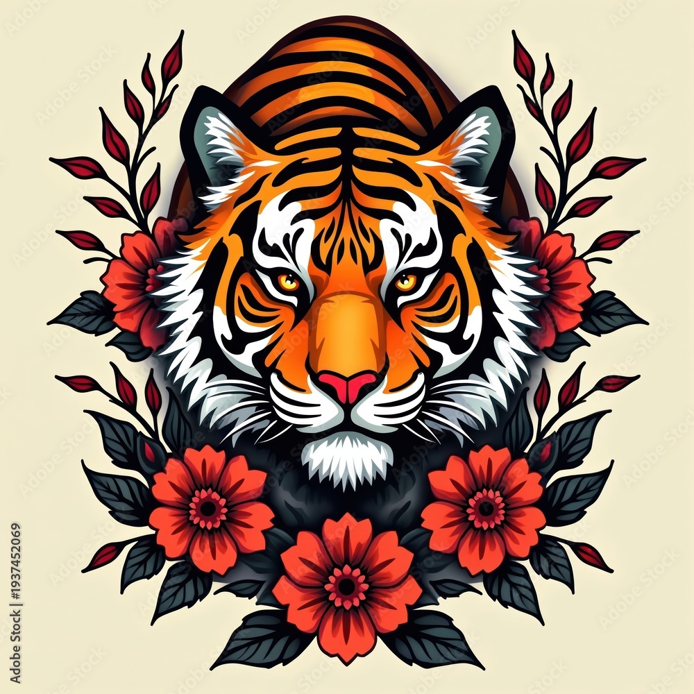 Fototapeta premium Tiger head illustration with tribal patterns and red flowers. Fierce animal design, bold lines, great for tattoo art, graphic design, or cultural themes.