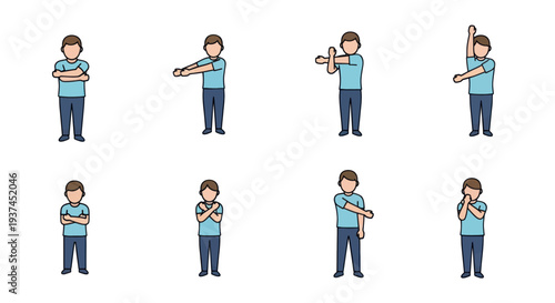 Set of vector illustrations showing a man performing different arm stretching exercises, ideal for fitness, wellness, or physical therapy content
