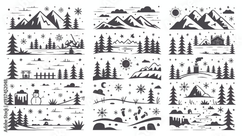 Collection of 12 Minimalist Winter Landscape Line Art Illustrations: Mountains, Trees, Snowflakes, and a Cabin.