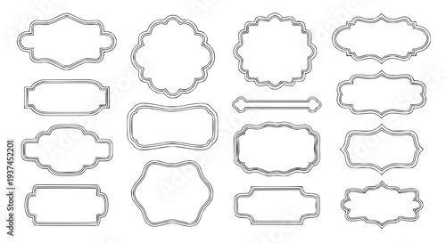 set of decorative organic frames, wavy vintage labels, thin outline, minimal vector style, isolated on white background, flat design, soft shadows, elegant decorative borders