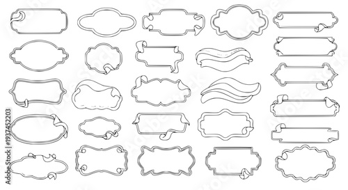 set of decorative organic frames, wavy vintage labels, thin outline, minimal vector style, isolated on white background, flat design, soft shadows, elegant decorative borders