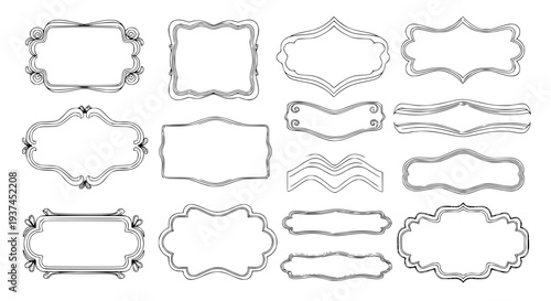 set of decorative organic frames, wavy vintage labels, thin outline, minimal vector style, isolated on white background, flat design, soft shadows, elegant decorative borders