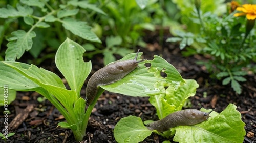 Two brown slugs on garden lettuce leaves, closeup pest activity in wet soil, natural outdoor vegetable patch, spring gardening concern and organic crop protection