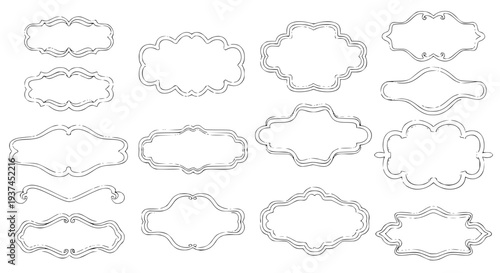 set of decorative organic frames, wavy vintage labels, thin outline, minimal vector style, isolated on white background, flat design, soft shadows, elegant decorative borders