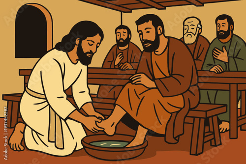 Jesus Washing the Feet of the Disciples at the Last Supper on Maundy Thursday in Humble Service