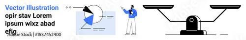 Data analysis, business planning, equality, statistics, comparison, decision-making. A person explaining pie charts and balancing scales. Data analysis and equality development concept