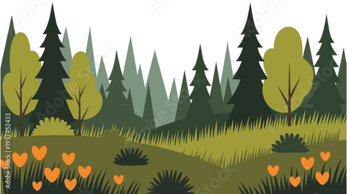 Flat illustration of pine forest landscape with grass and wildflowers