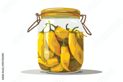 A glass jar filled with pickled yellow chili peppers isolated