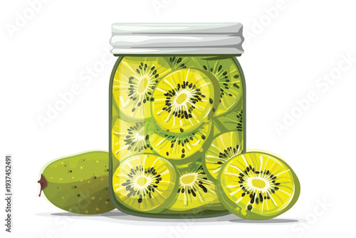 A glass jar filled with vibrant kiwi jam isolated