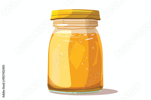 A glass jar filled with vibrant peach jam isolated