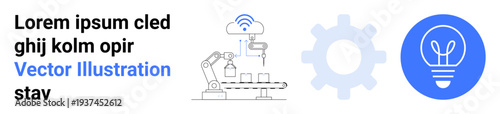 Technology, automation, innovation, manufacturing, industry, smart systems. Robotic arm, gear and lightbulb icon automation and creativity. Technology and automation theme
