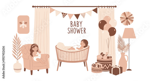 Baby shower celebration in cozy room with crib, babies, balloons, gifts, and decorations, perfect for party invitations and event announcements