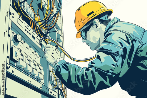 Electrician carefully connecting wires inside a circu isolated