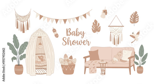 Boho baby shower decorations with cozy sofa, plants, hanging banners, and soft toys in neutral pastel colors for nursery or celebration designs
