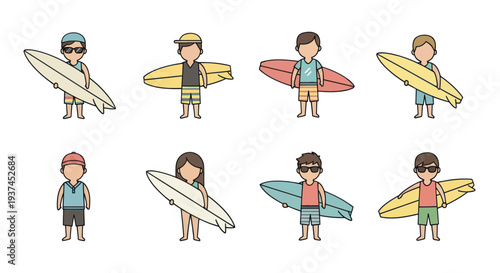 Cartoon kids holding colorful surfboards and dressed in summer beachwear, perfect for surfing and summer vacation themes