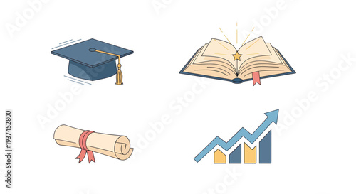 Education and achievement concept icons including graduation cap, diploma, open book with star, and growth chart for academic success and learning progress