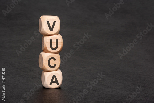 VUCA word on wooden blocks stacked vertically on a black background. Business strategy, volatility, uncertainty, complexity and ambiguity concept.