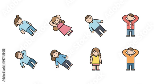 Set of cartoon children boys and girls in different poses with relaxed and standing positions, flat design icons for educational and playful projects
