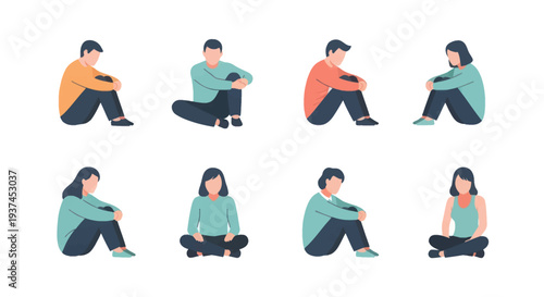 Sad and thoughtful young men and women sitting in various reflective poses, flat illustration for mental health, contemplation, and emotional expression concepts