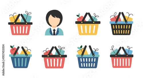 Set of colorful shopping basket icons with groceries and businesswoman avatar illustration for ecommerce and retail design