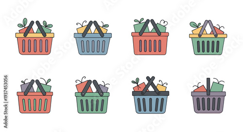 Set of colorful hand-drawn grocery baskets full of fresh produce and packages, perfect for healthy shopping and eco-friendly market concepts