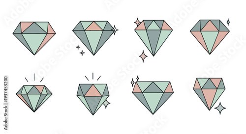 Set of eight colorful diamond icons with sparkle effects, geometric gemstone illustrations for luxury, jewelry, and decoration design