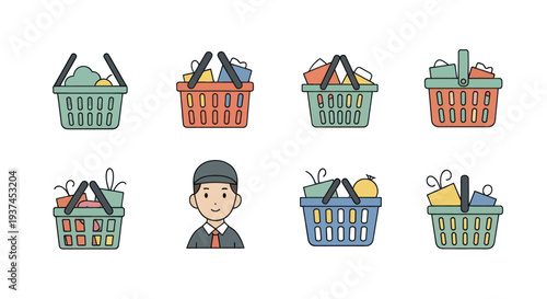 Set of grocery shopping basket icons with various items and a customer service representative avatar, ideal for retail and e-commerce design