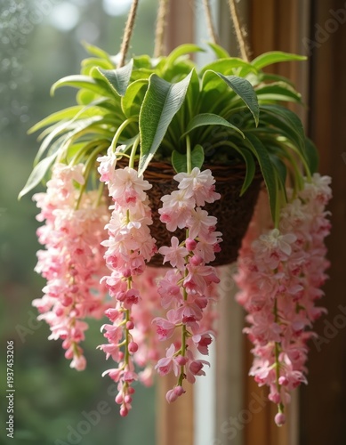 Pink star flowers hang from a Hoya plant in a basket. Green leaves surround delicate pink blossoms. This indoor plant offers elegant home decor.