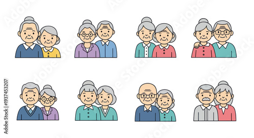 Set of elderly couples icons, senior men and women in simple style, healthcare and family concepts, perfect for retirement and eldercare designs