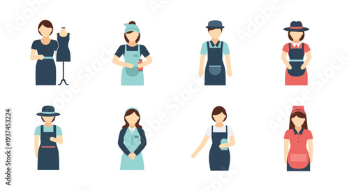 Set of female workers in aprons and uniforms icons with various accessories and headwear, perfect for hospitality and service industry illustrations