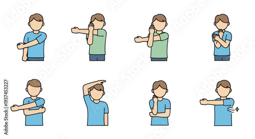 Set of illustrated arm stretching exercises for shoulder and arm flexibility, warm-up and cool-down fitness routine icons