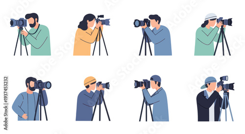 Set of professional photographers using cameras on tripods, photography concept illustrations ideal for media and creative projects