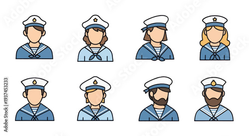 Set of male and female sailor avatars in uniform with hats and scarves, nautical crew icons ideal for maritime or naval themed projects