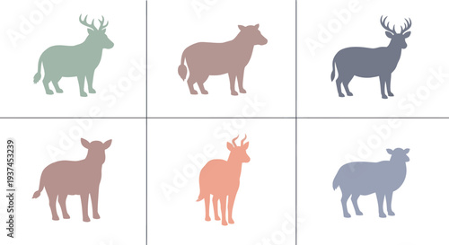Set of six colorful animal silhouettes featuring deer, cow, sheep, and antelope in pastel tones for design, decoration, and educational use
