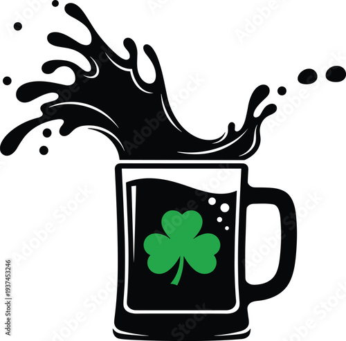 Irish beer mug with shamrock symbol and festive splash effect, black and white vector illustration for St. Patrick’s Day celebration