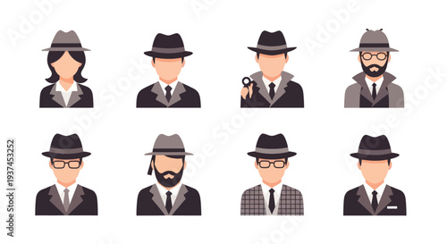 Set of vintage detective avatars wearing classic hats and suits with magnifying glass and glasses, perfect for mystery or crime themed designs