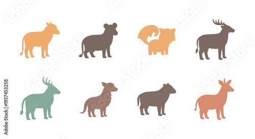 Simple colorful animal silhouettes including hyena, squirrel, deer, antelope and other wildlife icons perfect for educational and design projects