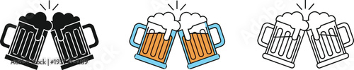 Clinking beer mugs in silhouette, color, and outline styles, festive vector illustration representing celebration, party, pub, and social drinking