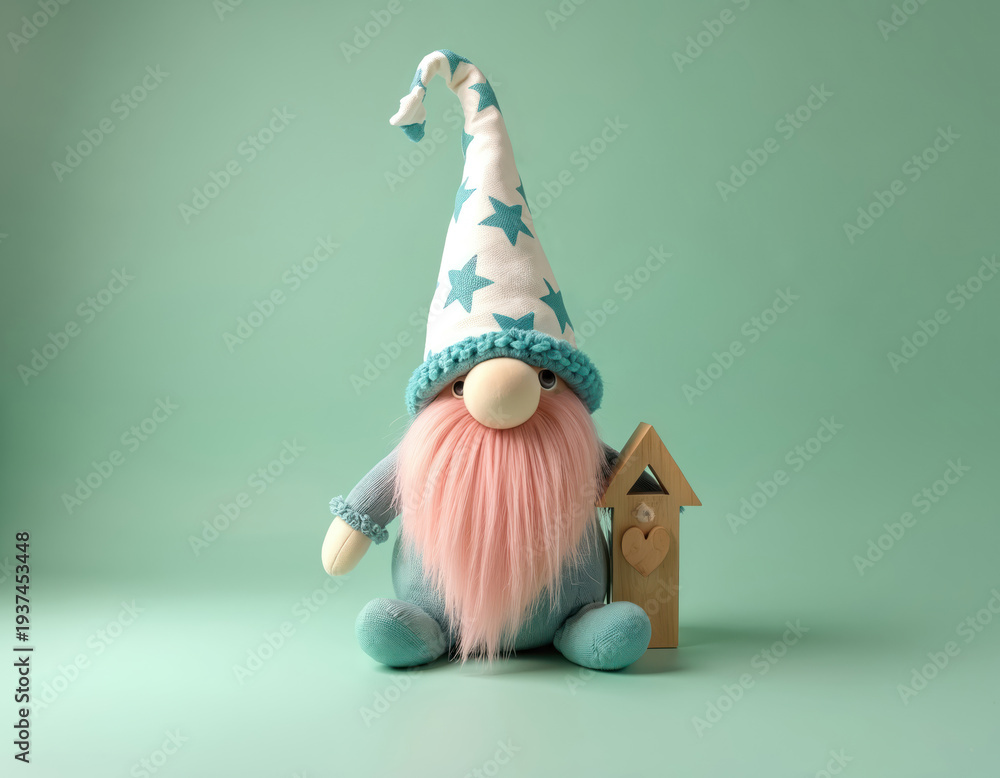 Fototapeta premium Soft plush gnome toy with pink beard and star cap sits on mint background. Handmade fairytale creature holds small wooden house, concept of home decor, fantasy.