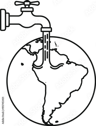 Global water scarcity illustrated by a faucet dripping onto a world map