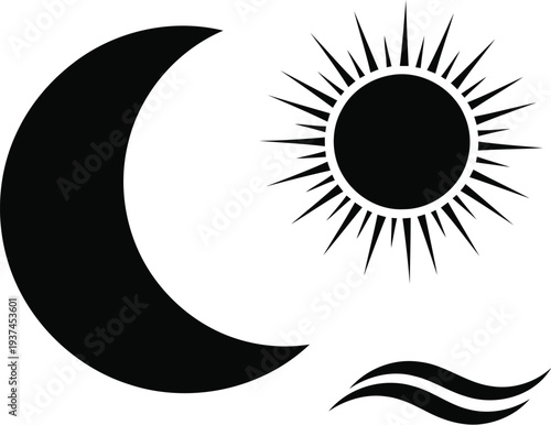 Serene nighttime scene with crescent moon, rising sun, and gentle waves