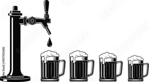 WebStylized beer tap pouring single drop beside four frothy mugs in black and white vector emphasizing draft pouring and pub service