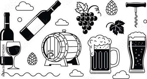 Black and white beverage composition with wine bottle glass beer mug pint barrel grapes hops corkscrew and vine elements for beverage branding