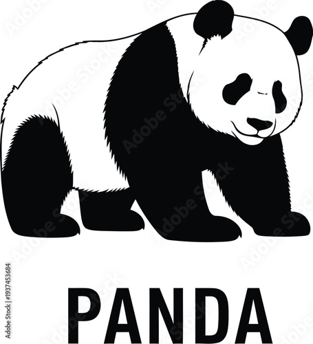 A black and white illustration of a panda standing on all fours