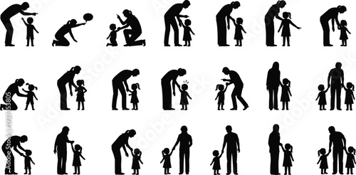 Title: Comprehensive silhouette set of parents and children interacting playing holding hands and walking together for family and parenting concept designs