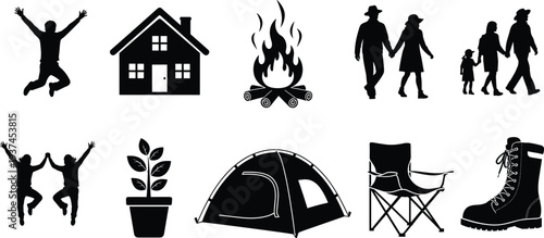 Vector silhouette collection of outdoor camping icons featuring a house, campfire, tent, hiking boots, plants, and happy families walking together.
